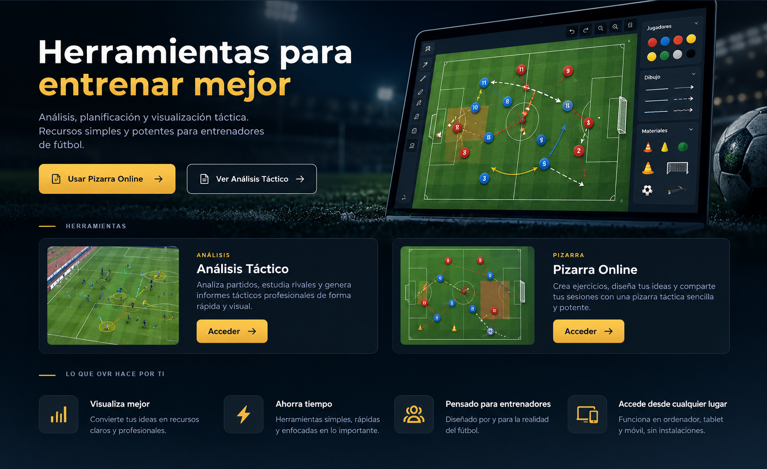 Mockup de la página principal de OVRGO: herramientas para entrenar mejor